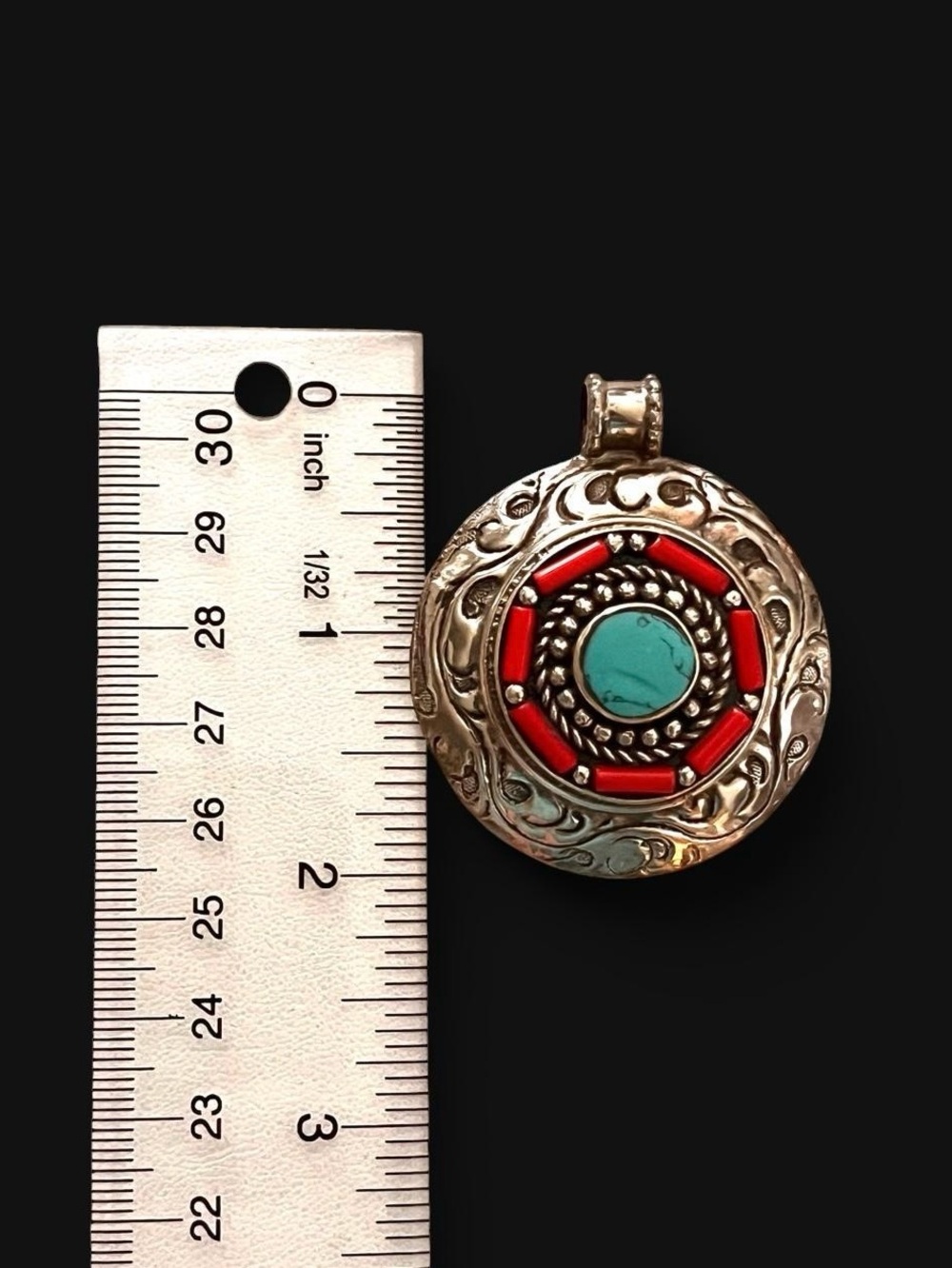 Large Southwestern Turquoise & Coral Tibetan Silver Medallion Pendant - Picture 5 of 7